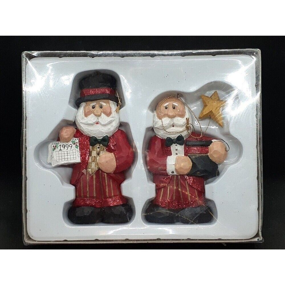 Eddie Walker Midwest of Cannon Falls -  2 Wood Carved Santa Figure Ornaments NEW
